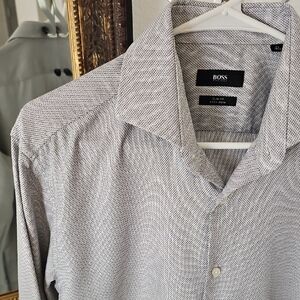 Boss Men's Elegant Black and White Slim Fit Long Sleeve Dress Shirt - 42 16.5